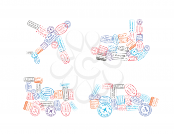 A lot of immigration stamps arranged in car, plane, ship and train shape isolated on white