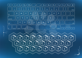 White outline keyboards, futuristic user interface concept on blue