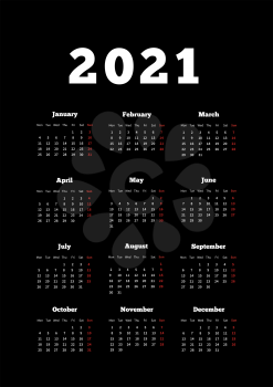 Calendar of 2021 year with week starting from monday, A4 size vertical sheet on black