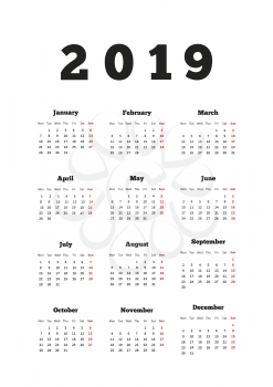 Calendar on 2019 year with week starting from monday, A4 vertical sheet on white