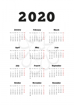 Calendar on 2020 year with week starting from monday, A4 size vertical sheet on white