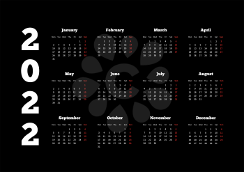Calendar on 2022 year with week starting from monday, A4 sheet on black