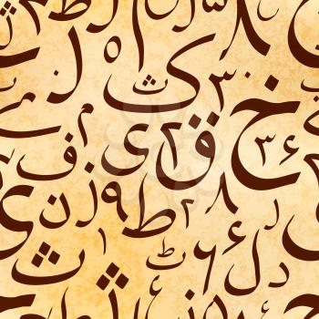 Calligraphy Urdu alphabet letters on old ancient scroll, abstract seamless pattern