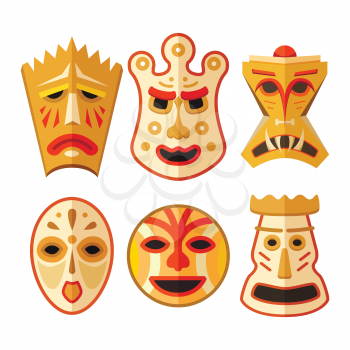 Collection of different wooden voodoo masks isolated on white