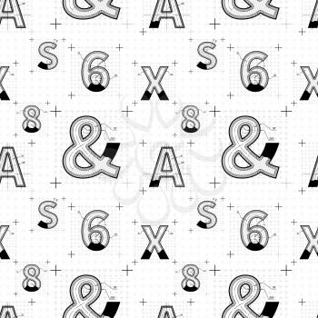 Construction sketches of letters. Blueprint style seamless pattern on white.