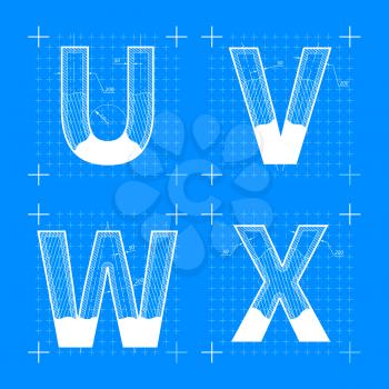 Construction sketches of U V W X letters. Blueprint style font.