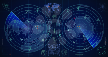 Detailed military radar with two blue displays with with planes traces and targets
