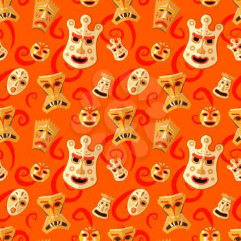 Different wooden voodoo masks on abstract red background seamless pattern