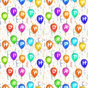 Happy birthday background with balloons and confetti on white, seamless pattern