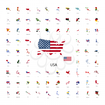 Large set of silhouettes of world sovereign states with countries flags isolated on white