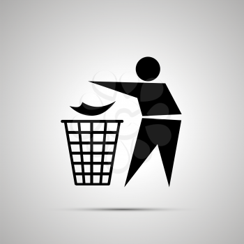Man throwing garbage in the trash can, simple black icon with shadow