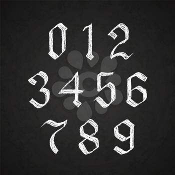 Old hand drawn gothic numbers drawing with white chalk on black
