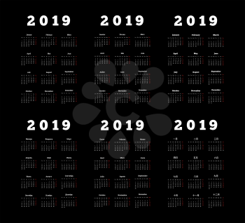 Set of 2019 year simple vertical calendars on different languages like english, german, russian, french, spanish and chinese on dark