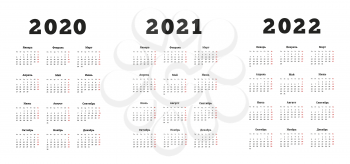 Set of A4 size vertical simple calendars in russian at 2020, 2021, 2022 years on white
