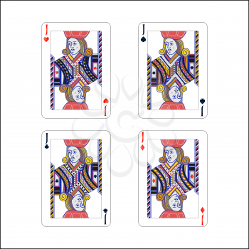 Set of jack playing card with different suits like diamonds, clubs, hearts and spades on white