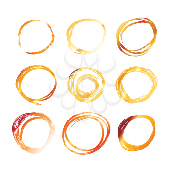 Set of nine golden hand drawn scribble circles isolated on white