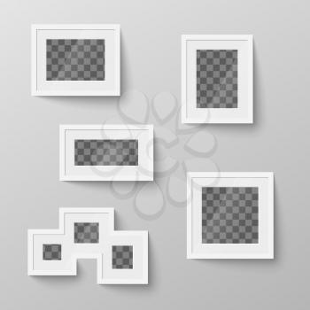 Set of white blank picture frames with transparent place for photo in different proportions