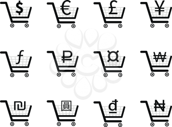 Shopping carts icons with main currency signs inside, isolated on white