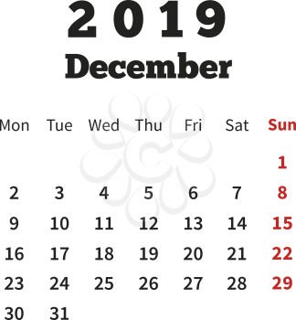 Simple calendar on december 2019 year with week starting from monday on white