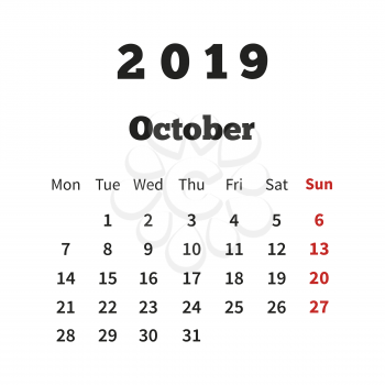 Simple calendar on october 2019 year with week starting from monday on white