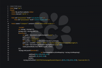 Simple website HTML code with colourful tags in browser view on dark background