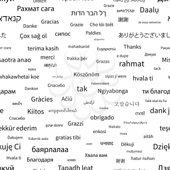Thanks phrase in different languages of the world on white, seamless pattern