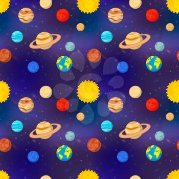 A lot of bright cartoon planets of solar system on deep space background, seamless pattern