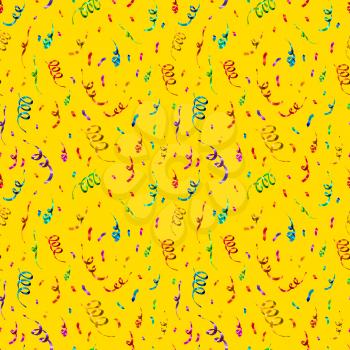 A lot of bright colorful confetti and serpentine on yellow background, anniversary party seamless pattern