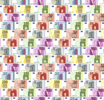A lot of bright different euro banknotes in a rows, seamless pattern