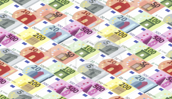 A lot of bright different euro banknotes in a rows, seamless pattern in isometric projection