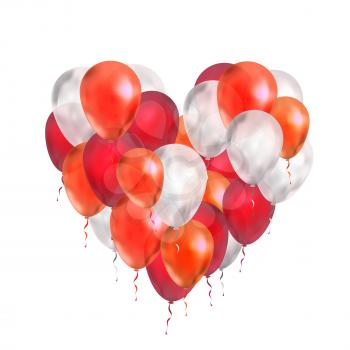 A lot of luxury balloons in red and white colours in heart shape isolated on white