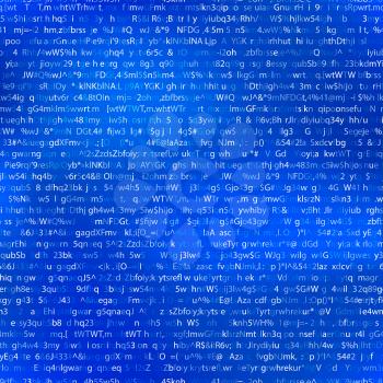 A lot of white abstract complicated crypto symbols on blue, data encryption binary code seamless pattern