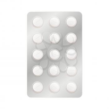 A lot of white round medicine pills in blister isolated on white