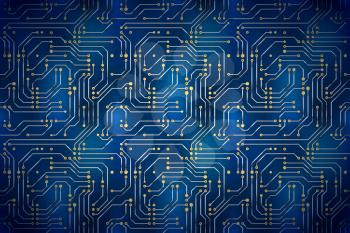 Blue futuristic circuit board, electronic motherboard wide detailed background