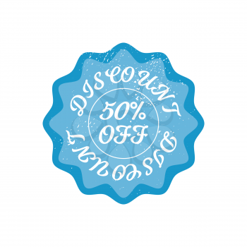 Bright blue retro 50 percent discount badge sign isolated on white
