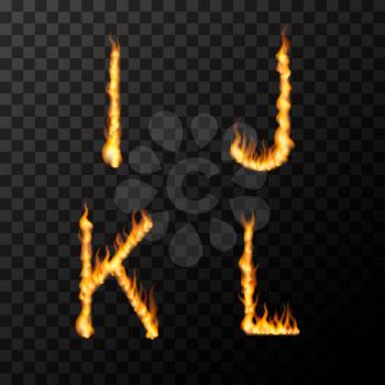 Bright realistic fire flames in I J K L letters shape, hot font concept on transparent background