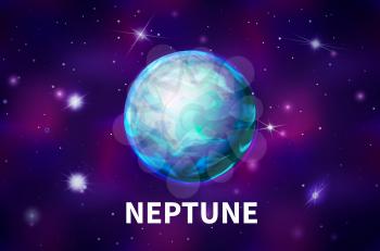 Bright realistic Neptune planet on colorful deep space background with bright stars and constellations