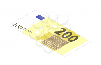 Flat two hundreds euro banknote in isometric view isolated on white