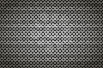 Glossy metal grid with round holes on black, wide detailed background