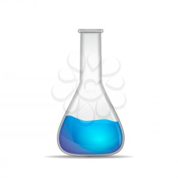 Glossy realistic chemical flask with blue experimental substance isolated on white