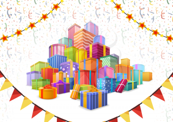 Large heap of bright colorful presents on background with balloons, buntings garlands and confetti on white