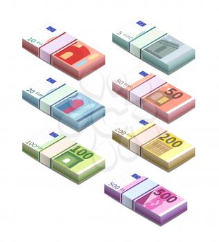 Large set of different euro banknotes in stacks in isometric view. Five, ten, twenty, fifty, one hundred, two hundreds and five hundreds pile notes isolated on white
