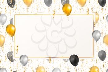 Luxury background with bright golden serpentine, confetti and balloons on white with blank banner template
