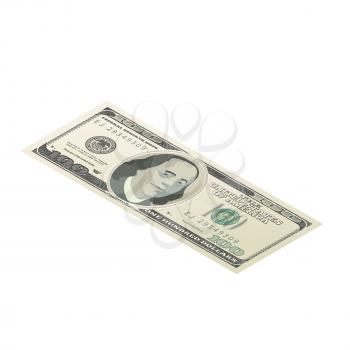 One hundred USA dollars banknote, front side coupure in isometric view isolated on white