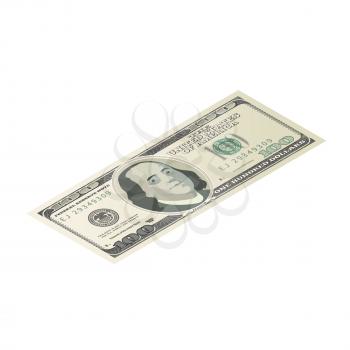 One hundred USA dollars banknote, front side detailed coupure in isometric view isolated on white