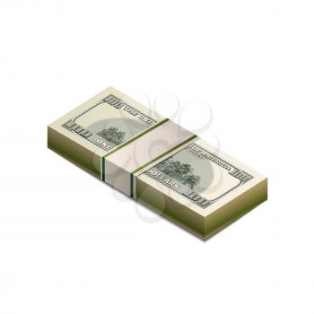 Pack of dummy one hundred US dollars banknote from back side in isometric view isolated on white