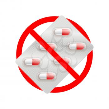 Pills are not allowed, red forbidden sign isolated on white