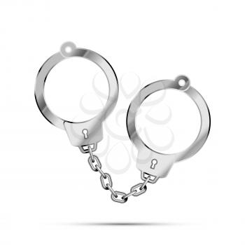 Realistic glossy metal police handcuffs with shadow isolated on white