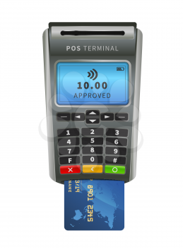 Realistic NFC POS terminal for payment with blue card isolated on white
