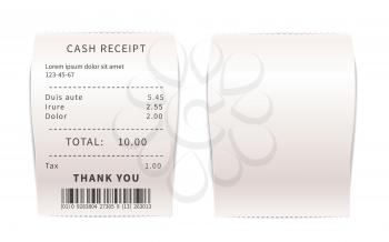 Realistic sales receipts, white shopping bills . Paper financial checks isolated on white